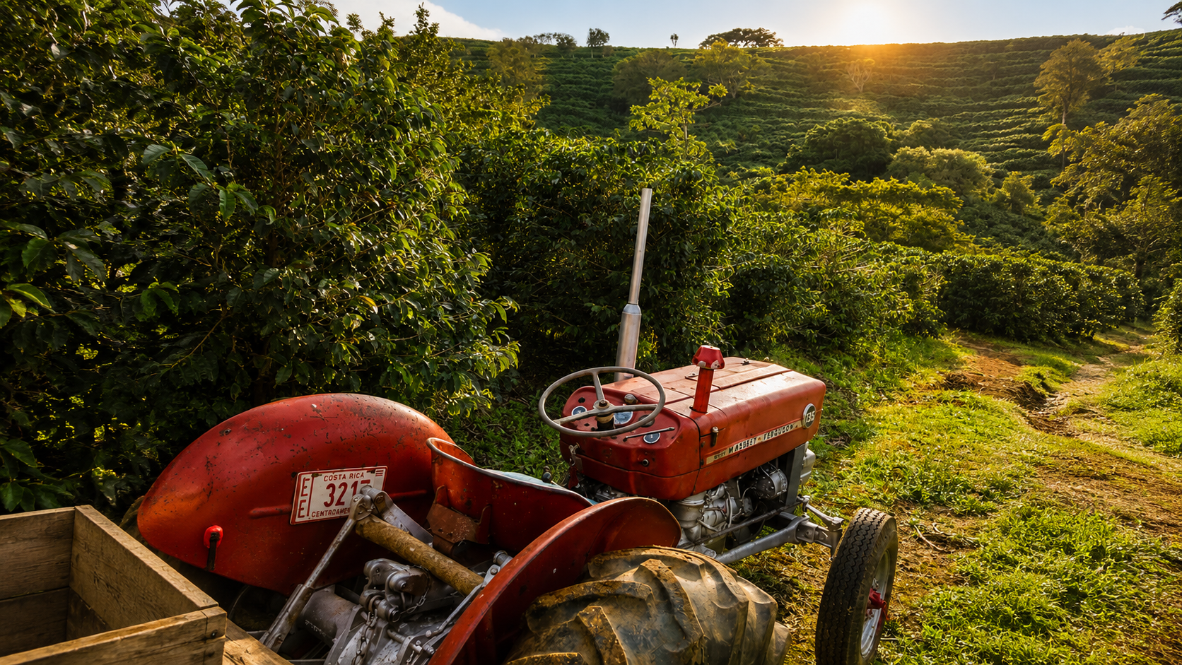 Tractor de la finca Kàpi Yë́ frente a los cafetales